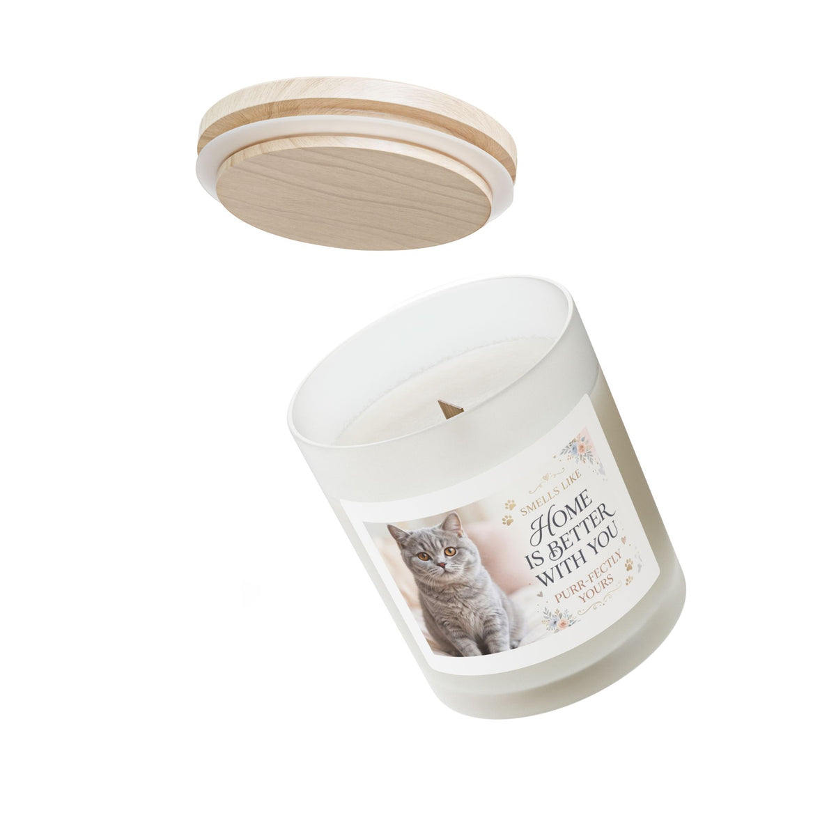 Cat Photo Frosted Glass Candle — “Home Is Better With You” Scented 11oz
