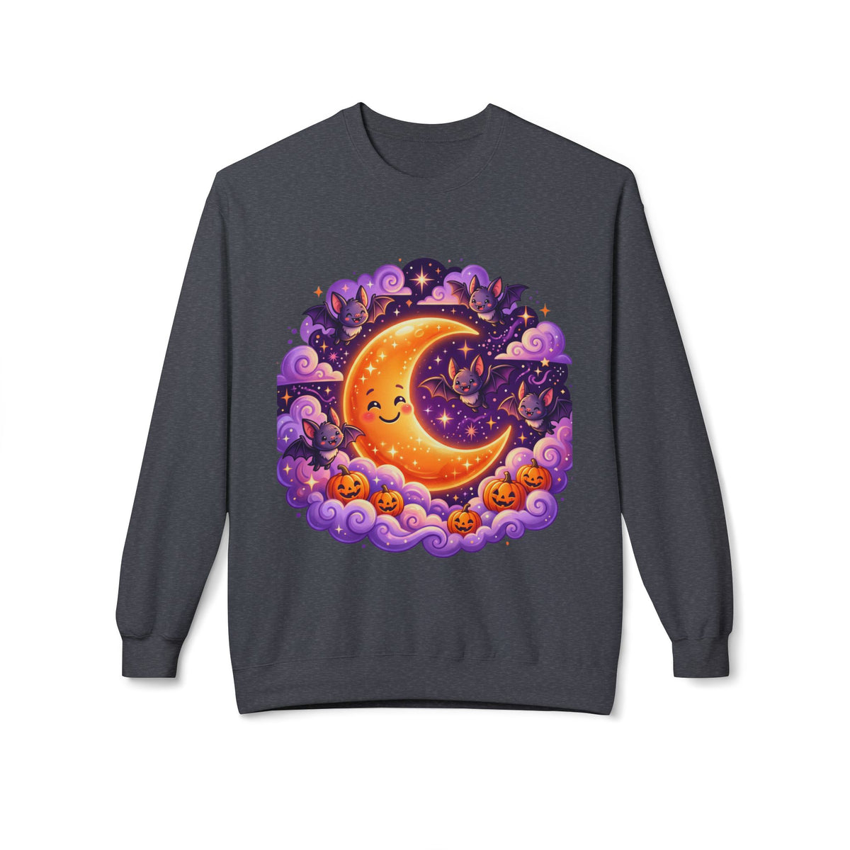Halloween Moon Crewneck Sweatshirt — Cute Smiling Moon, Pumpkins & Bats Pullover