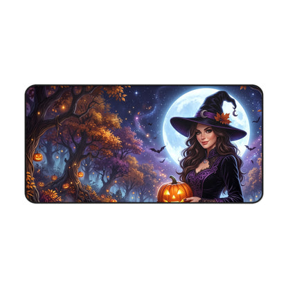 Halloween Witch Desk Mat — Moonlit Pumpkin Forest Mouse Pad