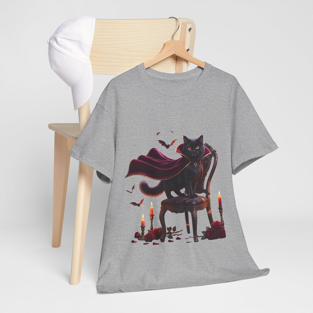 Vampire Cat Tee — Gothic Black Cat with Cape & Candles T-Shirt