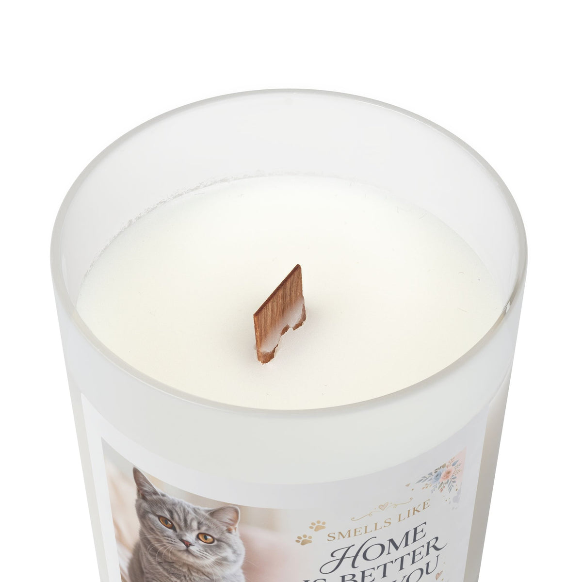 Cat Photo Frosted Glass Candle — “Home Is Better With You” Scented 11oz