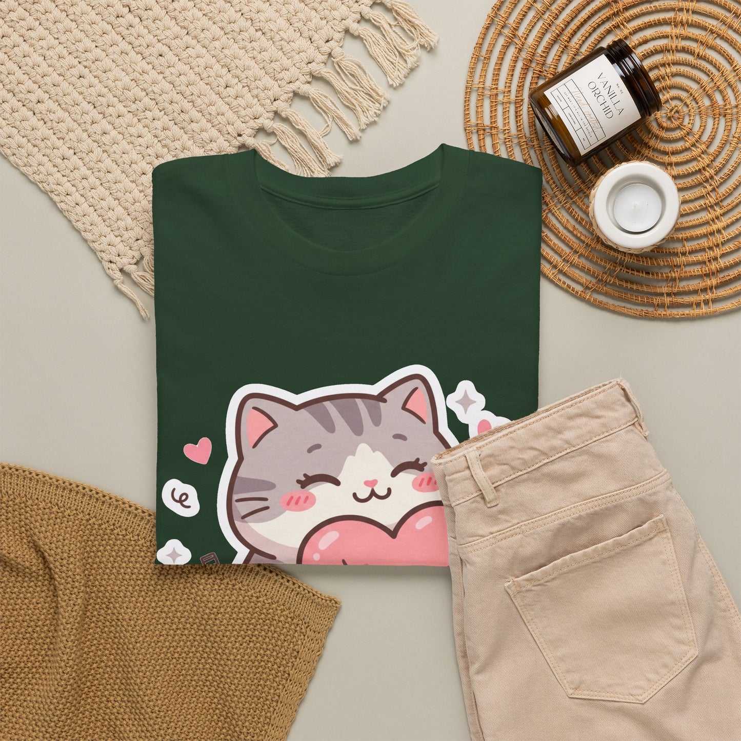 Cute Cat Hugging Heart T-Shirt — Kawaii Valentine Kitty Tee