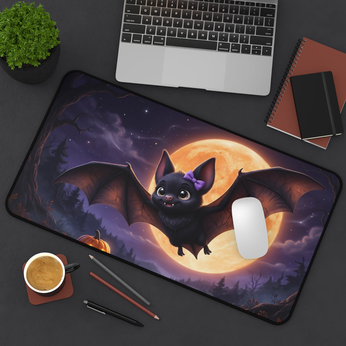 Cute Halloween Bat Desk Mat – Moonlit Pumpkin Office Mouse Pad