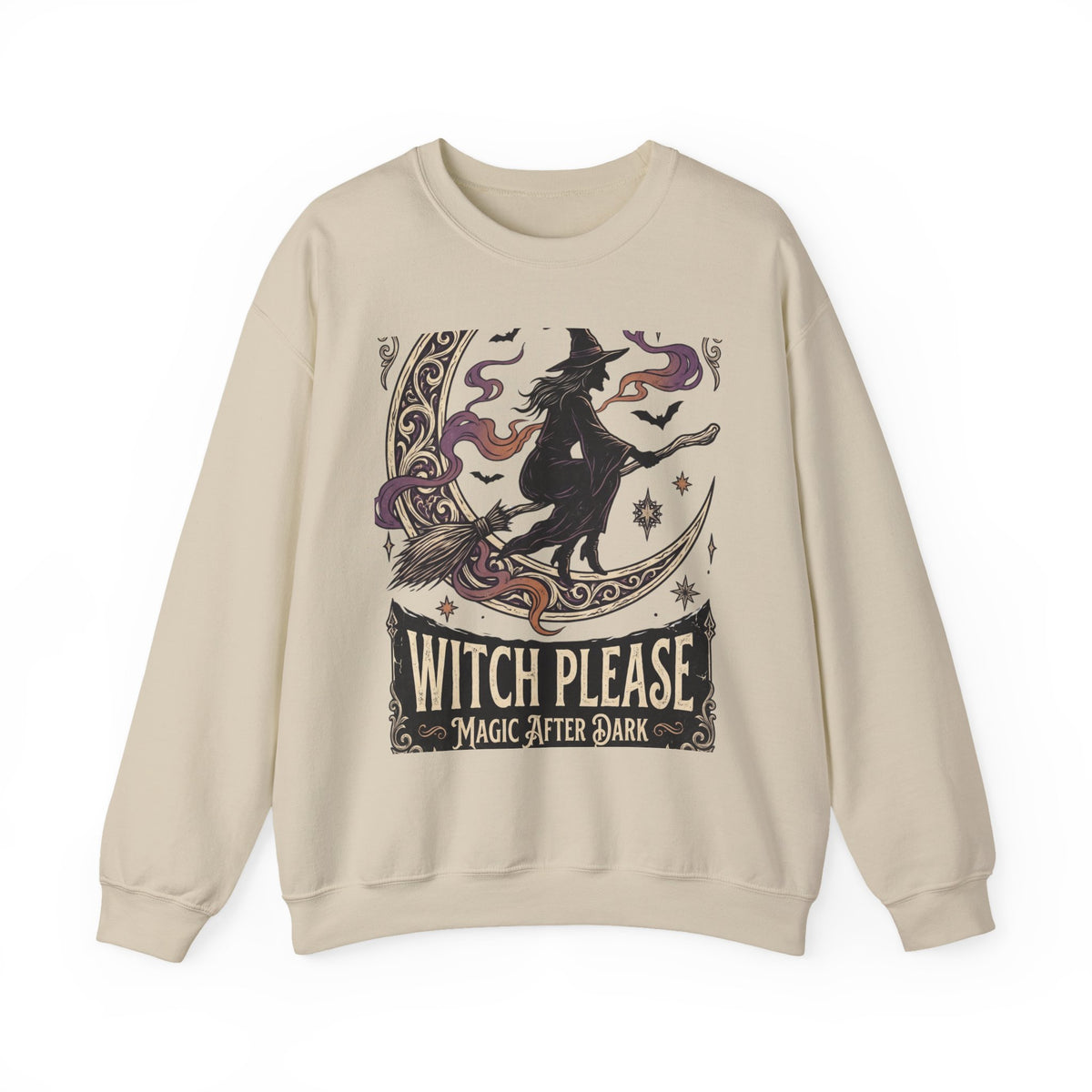 Witch Please Crewneck Sweatshirt — 'Magic After Dark' Witch Silhouette on Crescent Moon