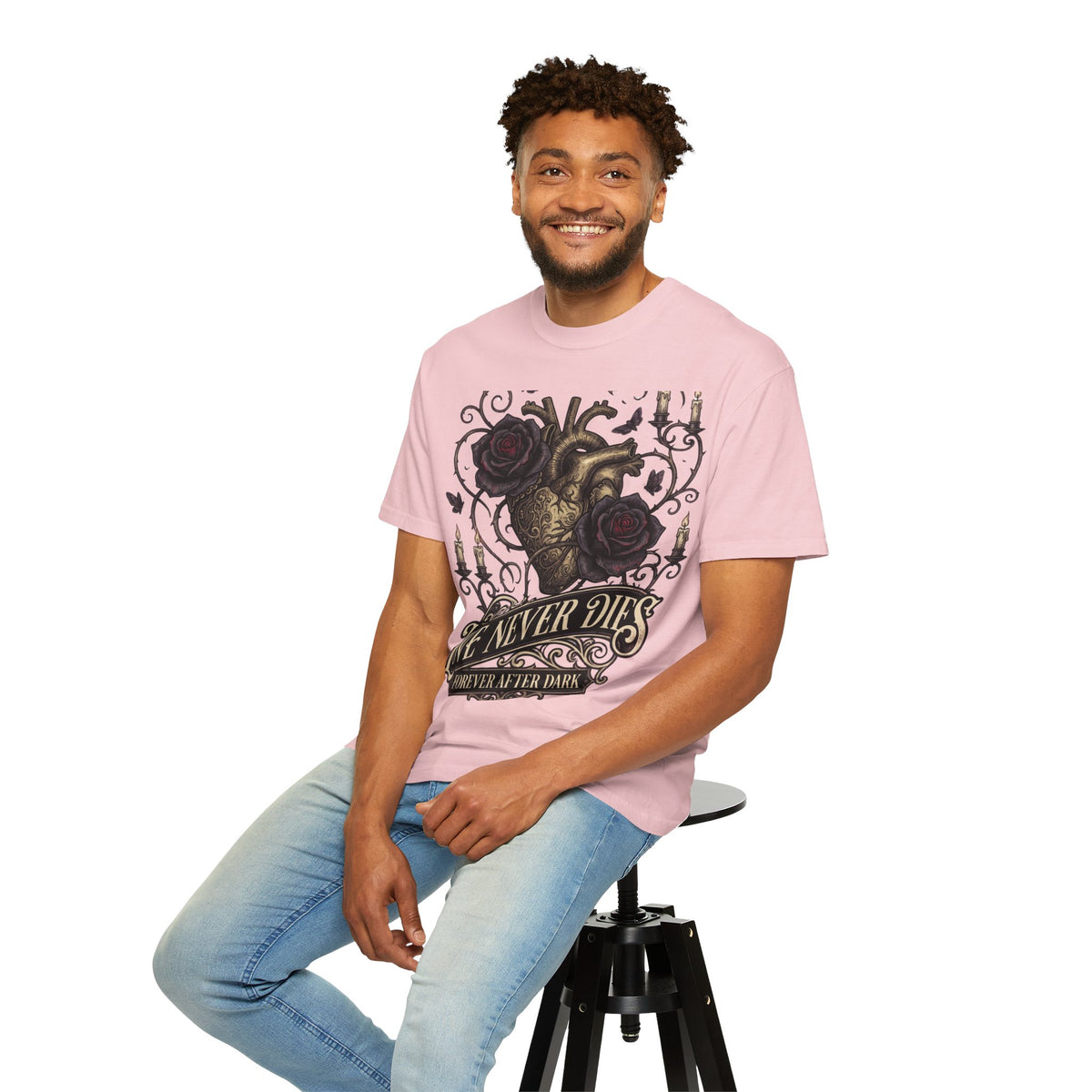 Love Never Dies Heart T-Shirt — Gothic Rose "Forever After Dark" Tee