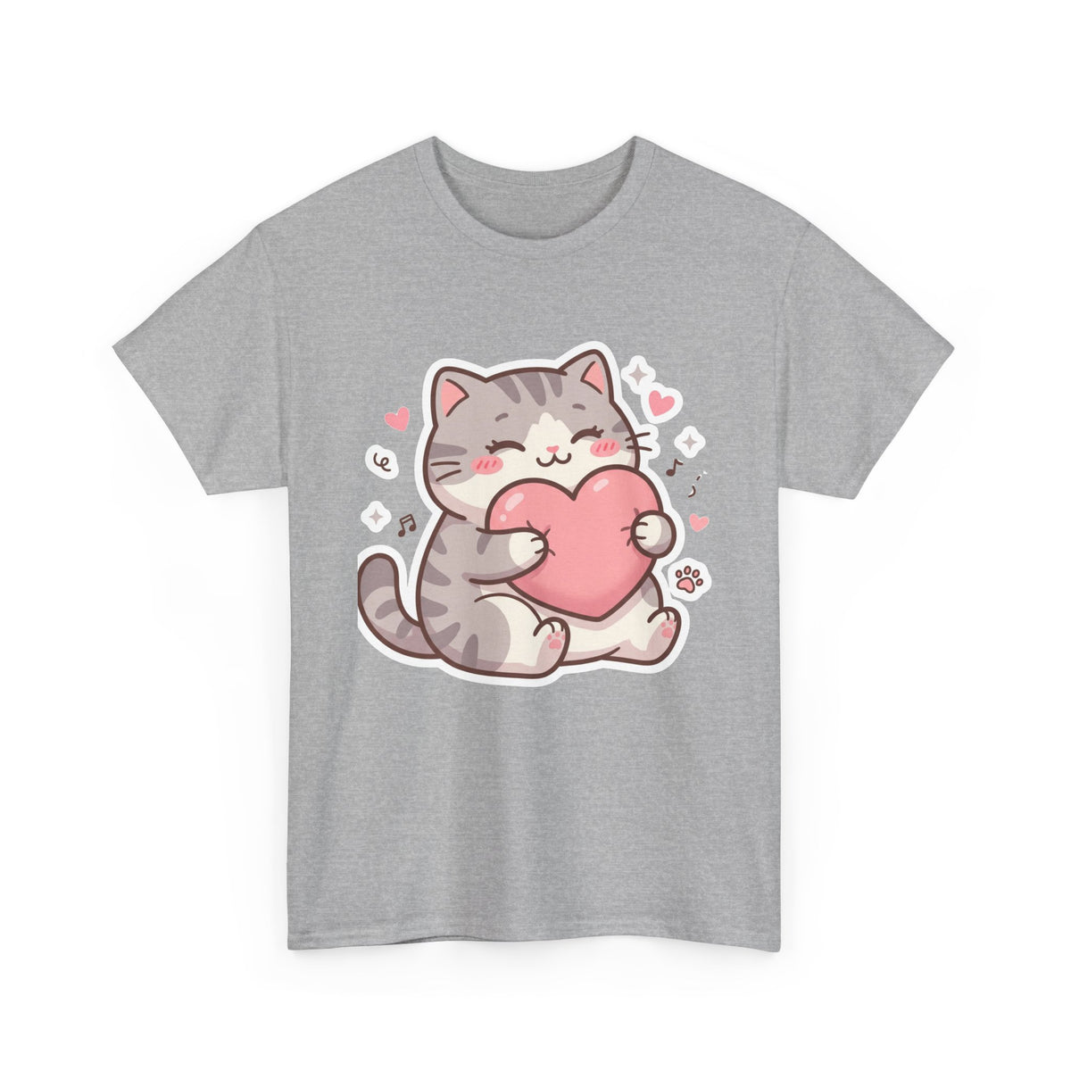 Cute Cat Hugging Heart T-Shirt — Kawaii Valentine Kitty Tee