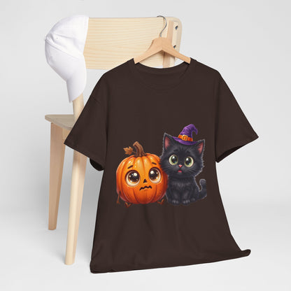 Halloween Black Cat & Pumpkin T‑Shirt — Cute Witch Hat Kitty Fall Tee