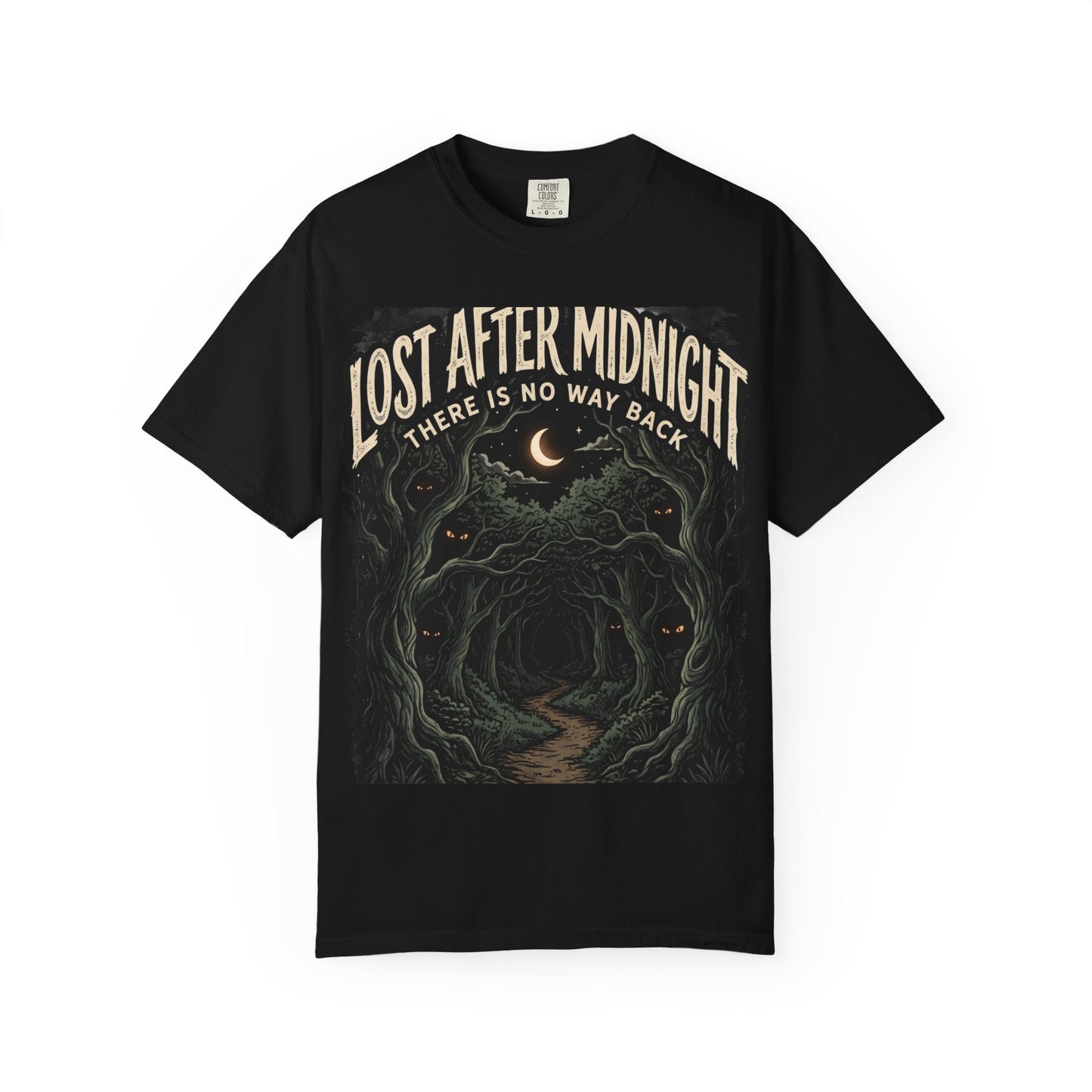 Lost After Midnight T-Shirt — 'There Is No Way Back' Moonlit Forest Tee