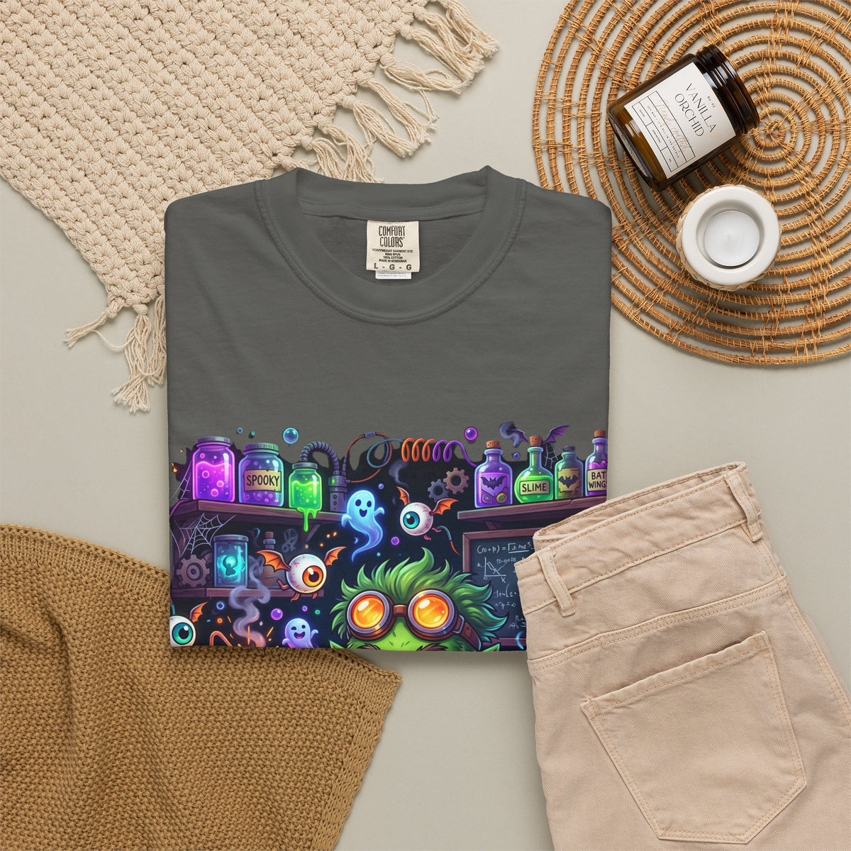 Mad Scientist Cat Lab T-Shirt — Neon Potion Halloween Tee