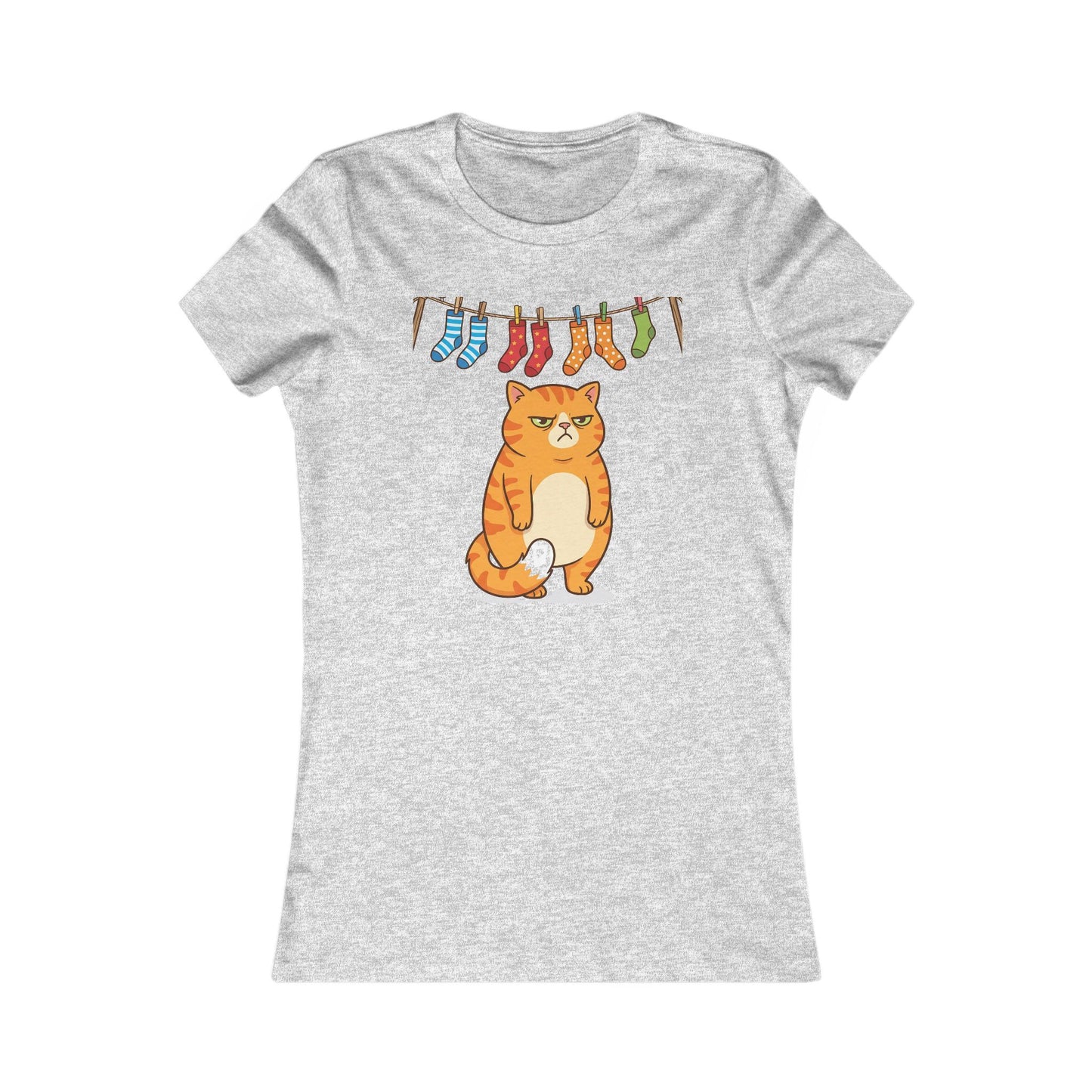 Women's Tee — Cute Grumpy Orange Cat with Hanging Socks Graphic