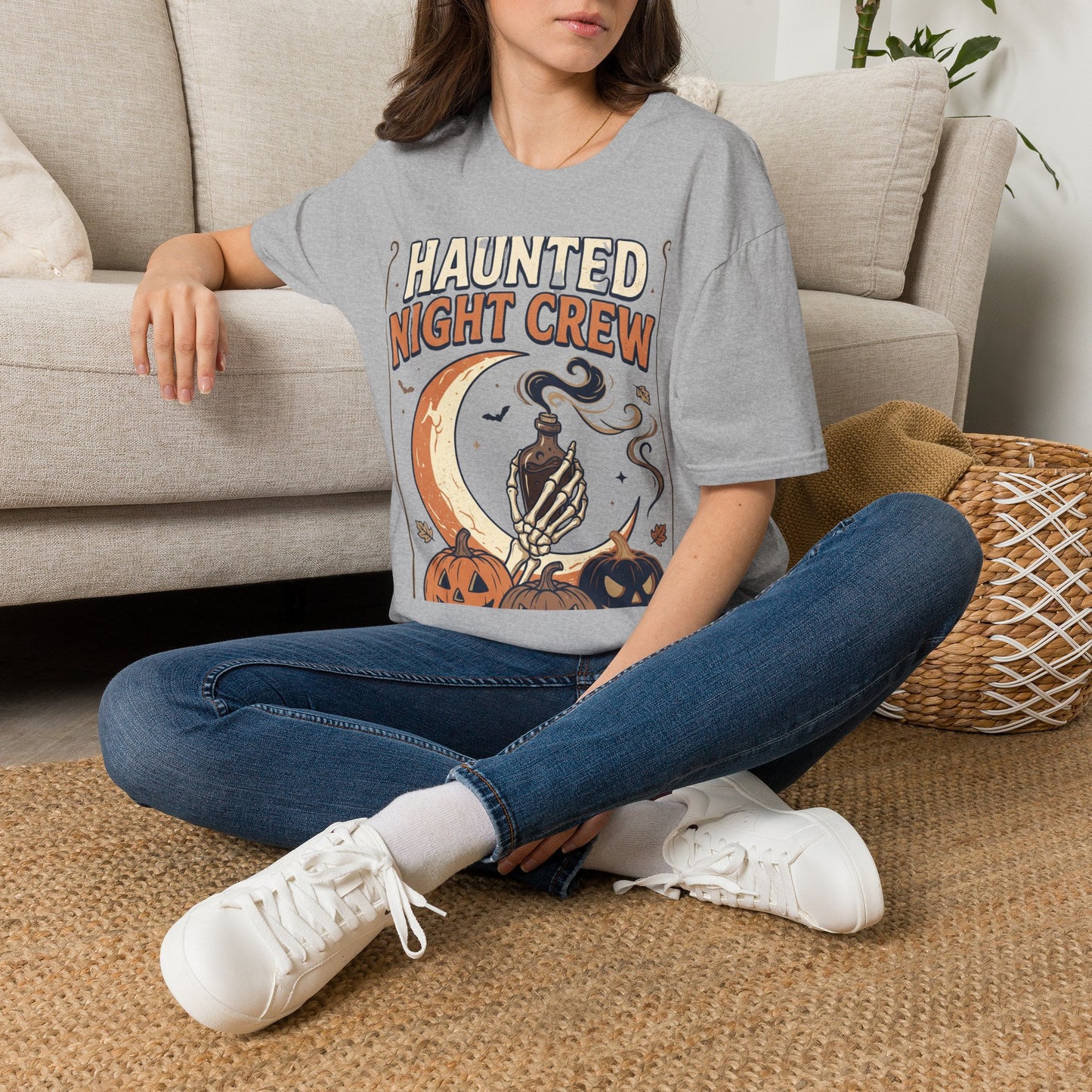 Haunted Night Crew T-Shirt — Retro Halloween Skeleton & Pumpkin Tee