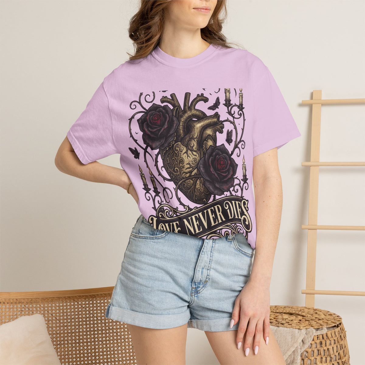 Love Never Dies Heart T-Shirt — Gothic Rose "Forever After Dark" Tee
