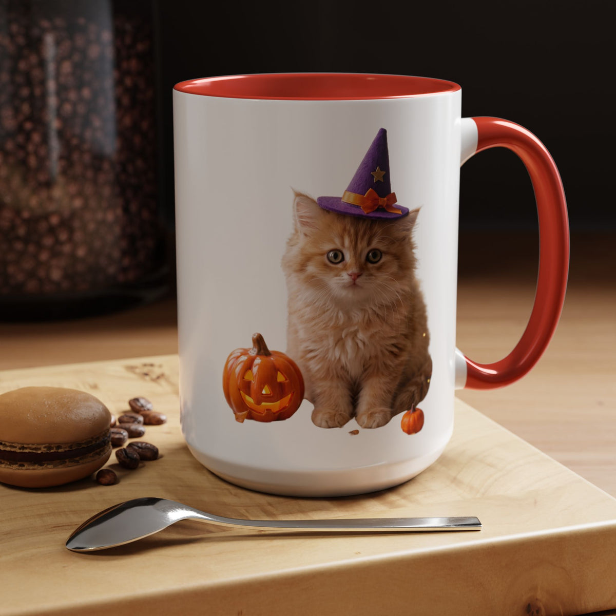Halloween Cat Coffee Mug with Witch Hat and Pumpkin