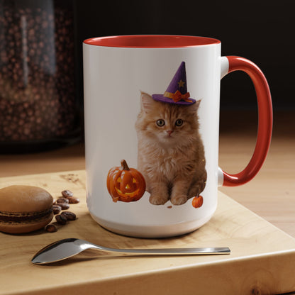 Halloween Cat Coffee Mug with Witch Hat and Pumpkin