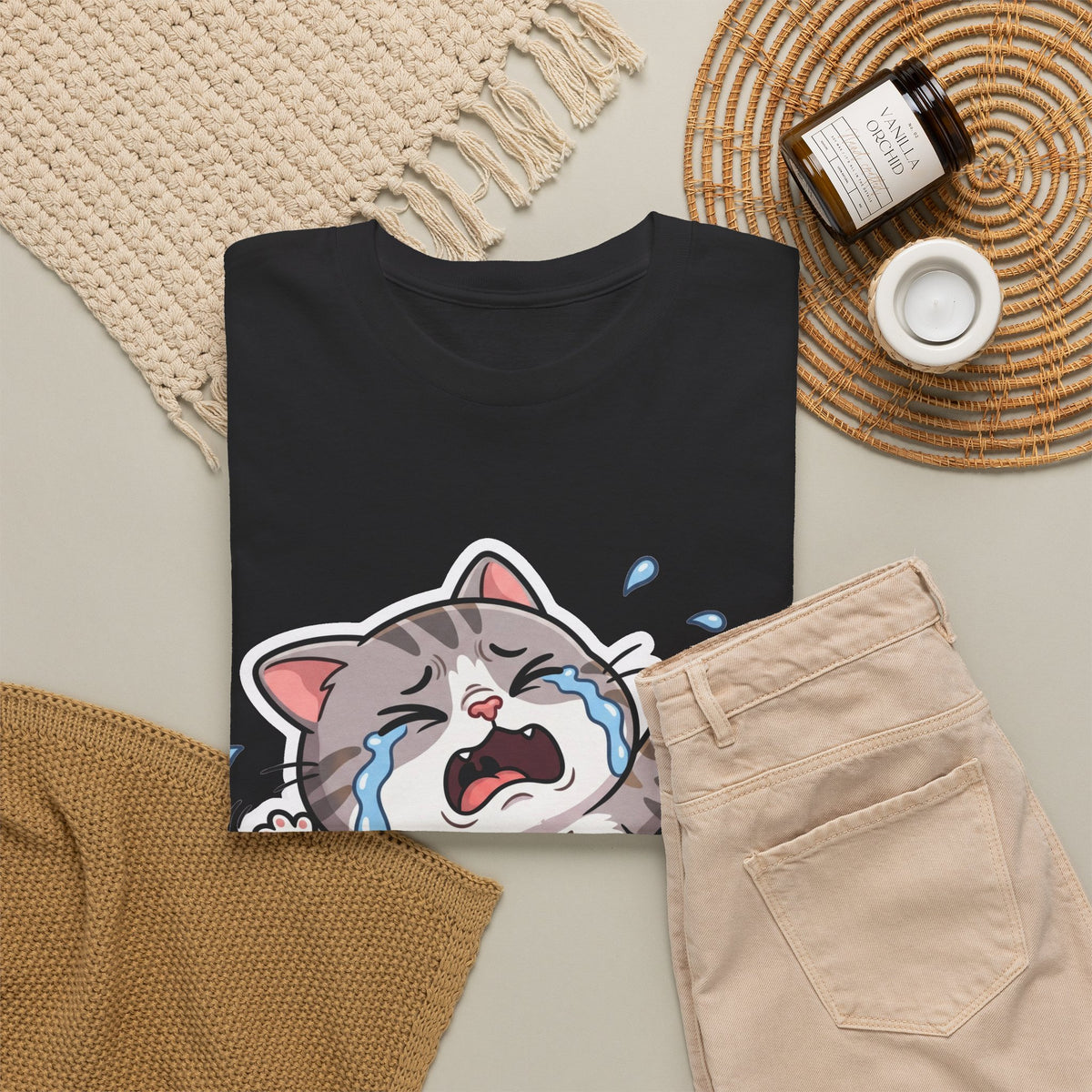 Crying Cartoon Cat T-Shirt — Cute Kawaii Kitten Graphic Tee