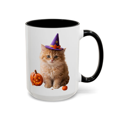 Halloween Cat Coffee Mug with Witch Hat and Pumpkin