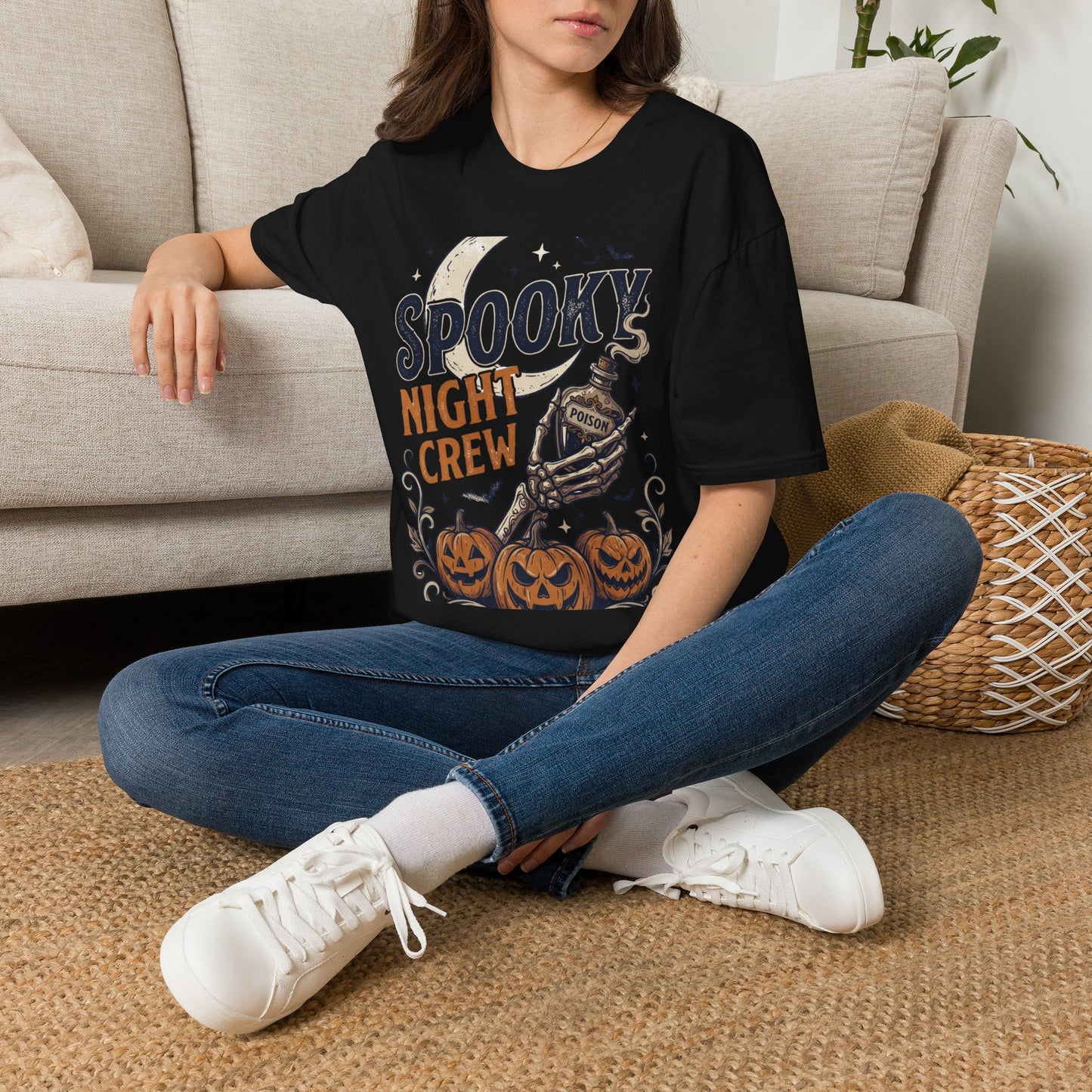 Spooky Night Crew T-Shirt — Halloween Moon, Skeleton & Pumpkins Tee