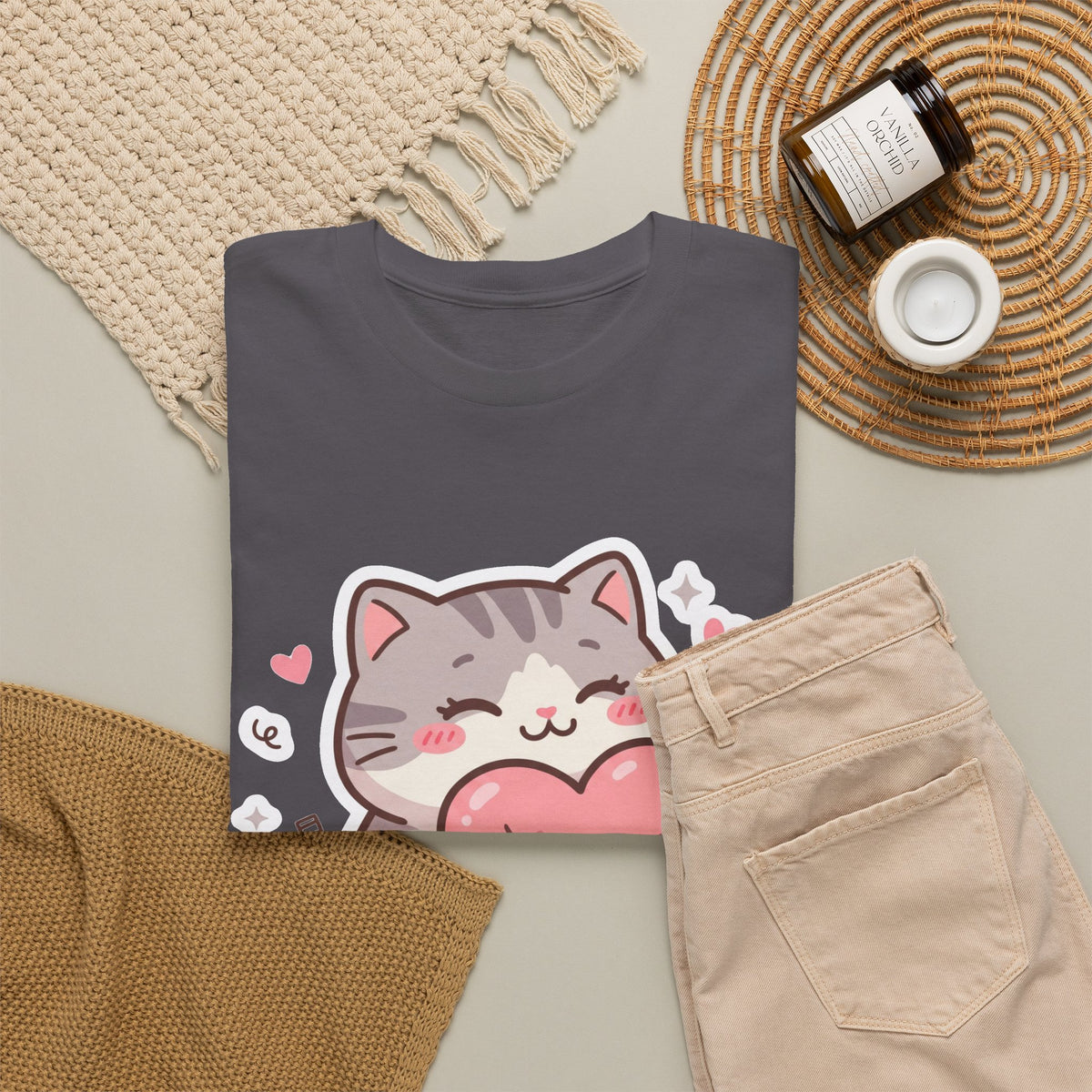 Cute Cat Hugging Heart T-Shirt — Kawaii Valentine Kitty Tee