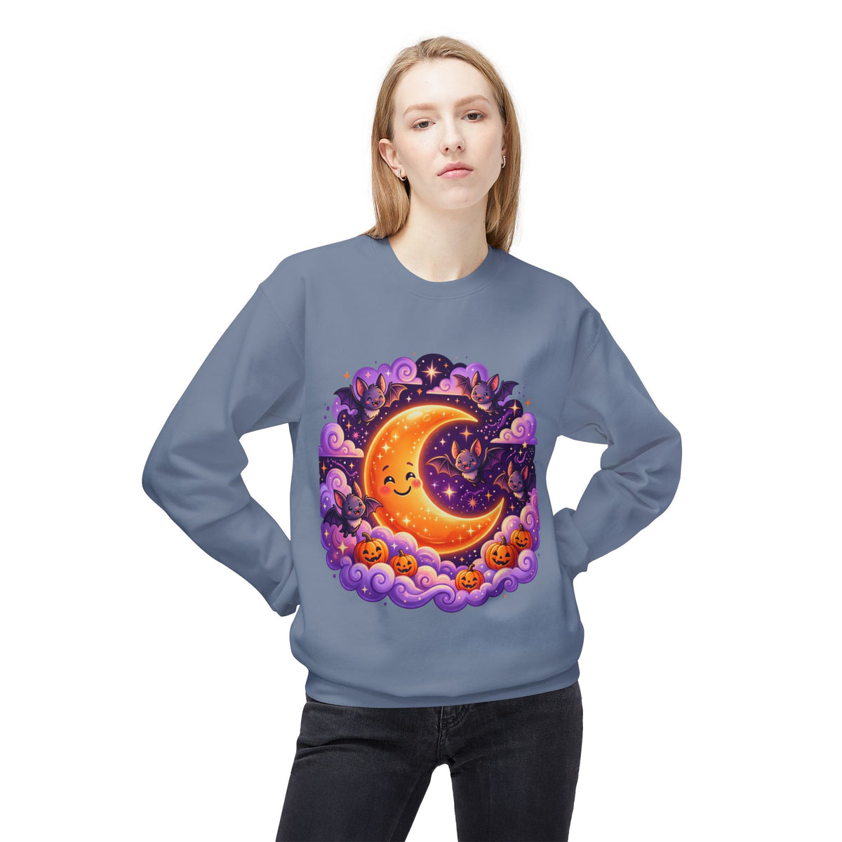 Halloween Moon Crewneck Sweatshirt — Cute Smiling Moon, Pumpkins & Bats Pullover