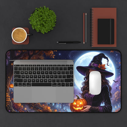 Halloween Witch Desk Mat — Moonlit Pumpkin Forest Mouse Pad