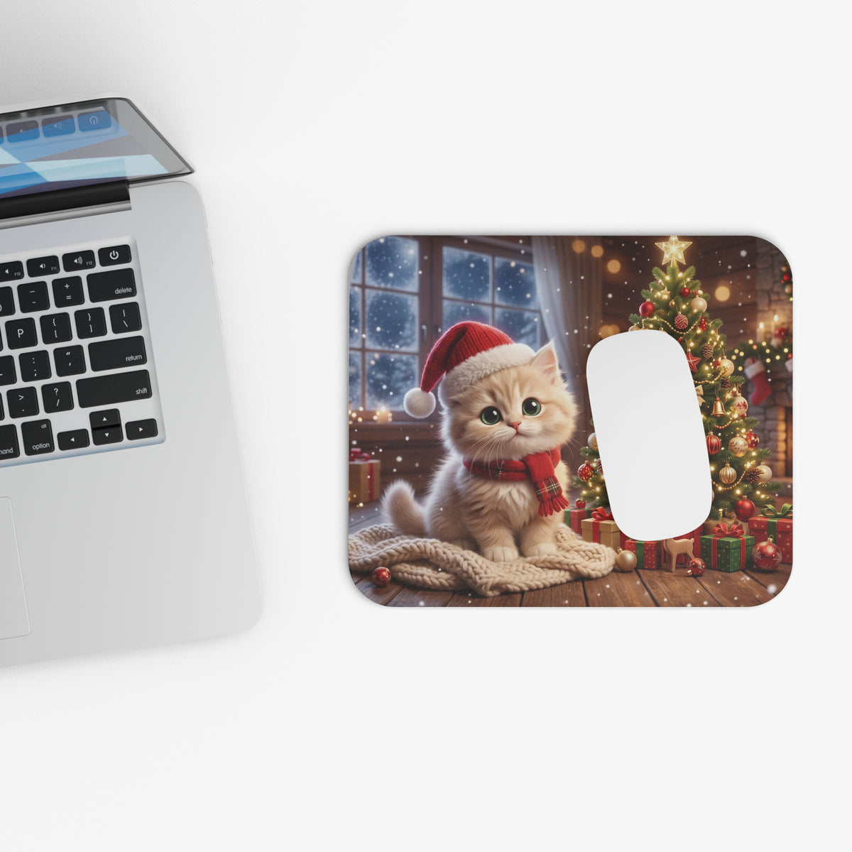 Christmas Kitten Mouse Pad — Cute Holiday Cat with Santa Hat & Decorated Tree