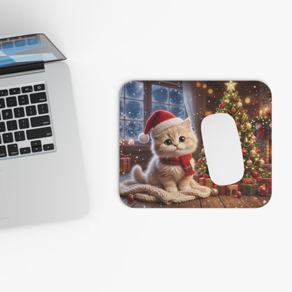 Christmas Kitten Mouse Pad — Cute Holiday Cat with Santa Hat & Decorated Tree