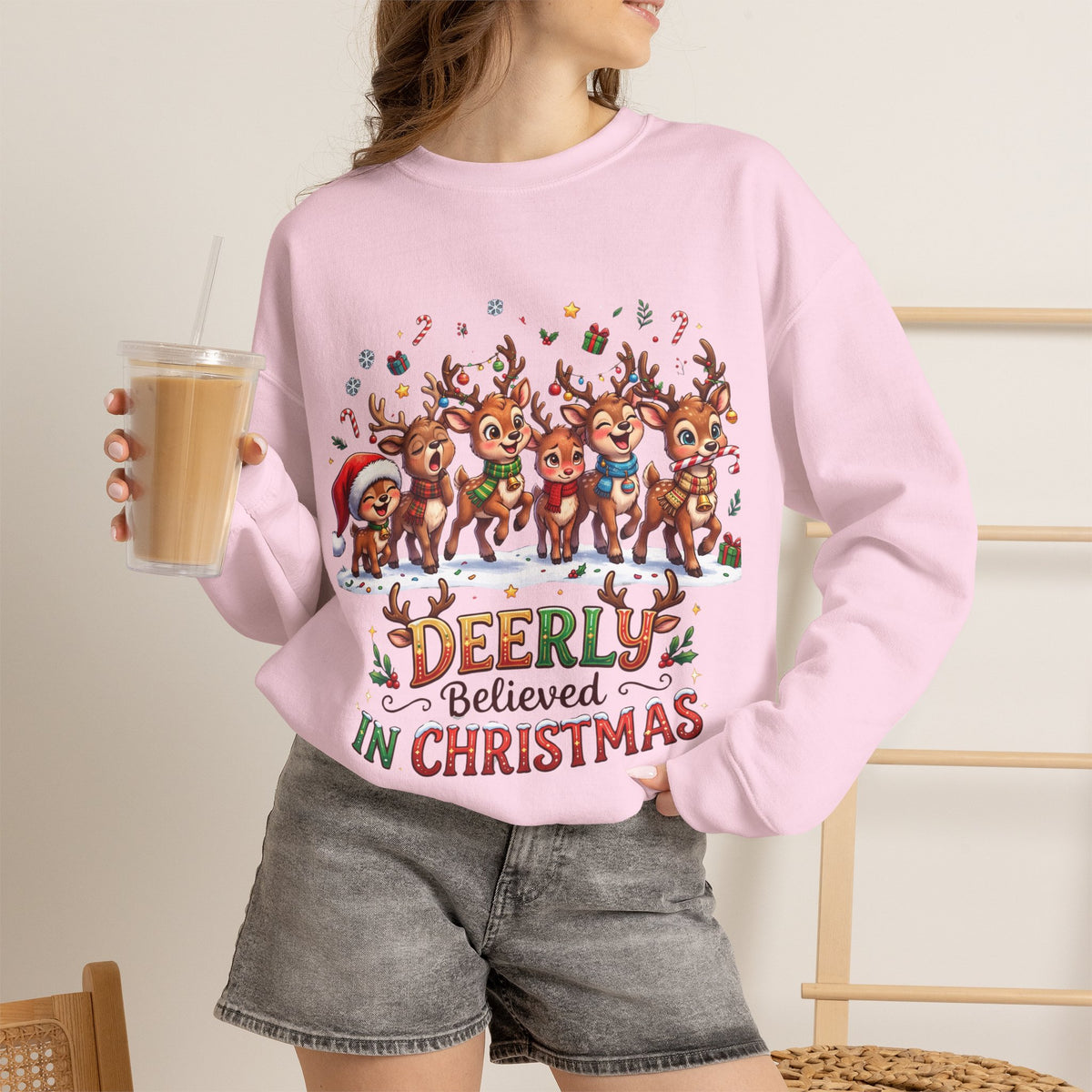 Christmas Reindeer Crewneck Sweatshirt — "Deerly Believed in Christmas" Holiday Pullover