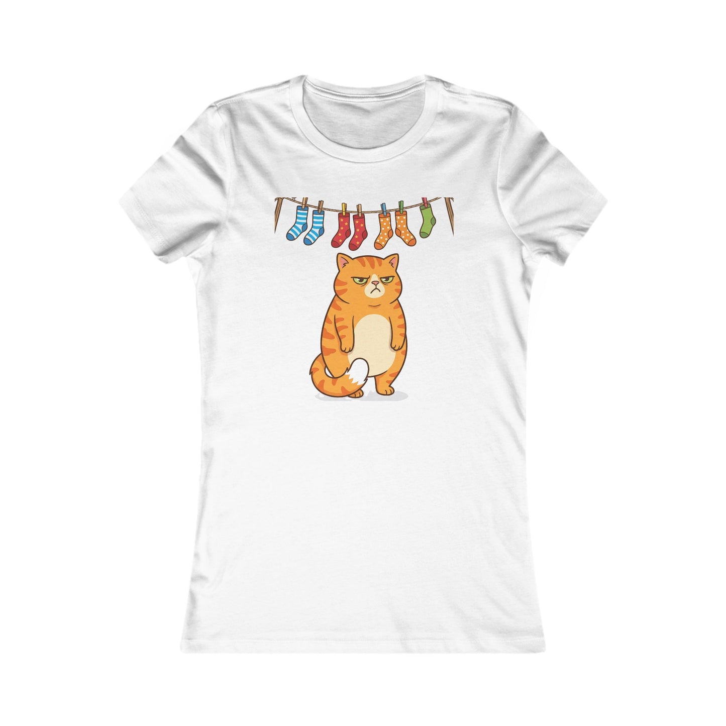 Women's Tee — Cute Grumpy Orange Cat with Hanging Socks Graphic