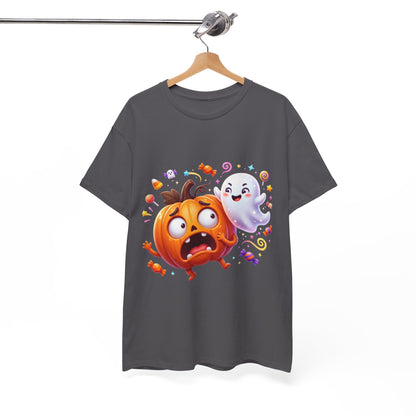 Cute Halloween Pumpkin & Ghost Tee — Scared Pumpkin Candy Graphic T-Shirt