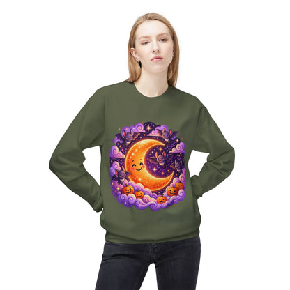 Halloween Moon Crewneck Sweatshirt — Cute Smiling Moon, Pumpkins & Bats Pullover