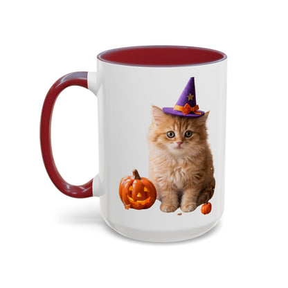 Halloween Cat Coffee Mug with Witch Hat and Pumpkin