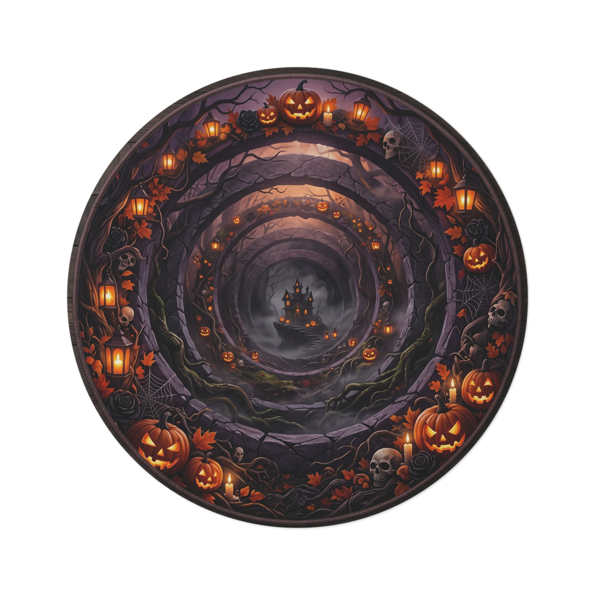 Halloween Haunted Castle Round Rug — Spooky Pumpkin & Lanterns Décor