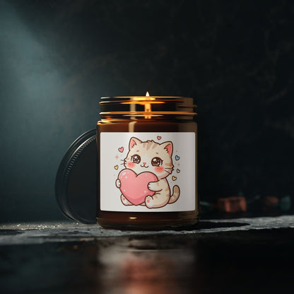 Cute Kitten Heart Soy Candle — Amber Jar Scented Candle (Valentine’s Gift)