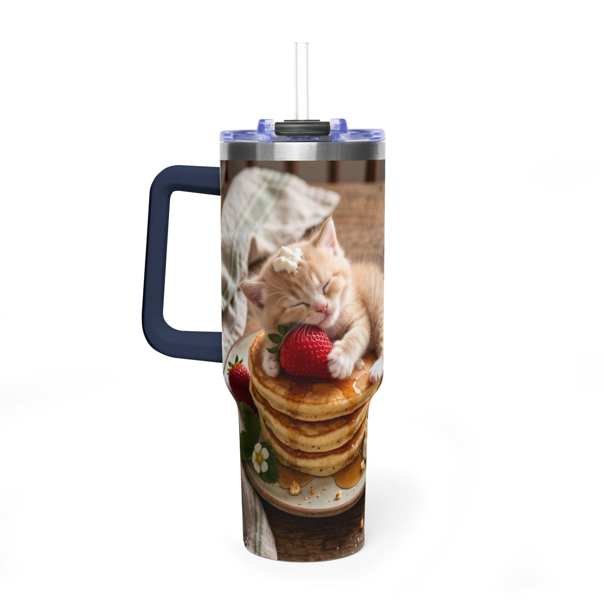 40oz Cat Pancake Thermal Tumbler with Straw