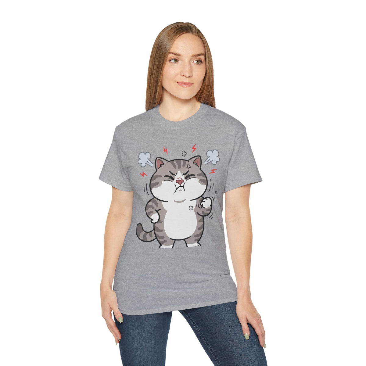 Angry Cute Cat T-Shirt — Cartoon Grumpy Kitty Graphic Tee