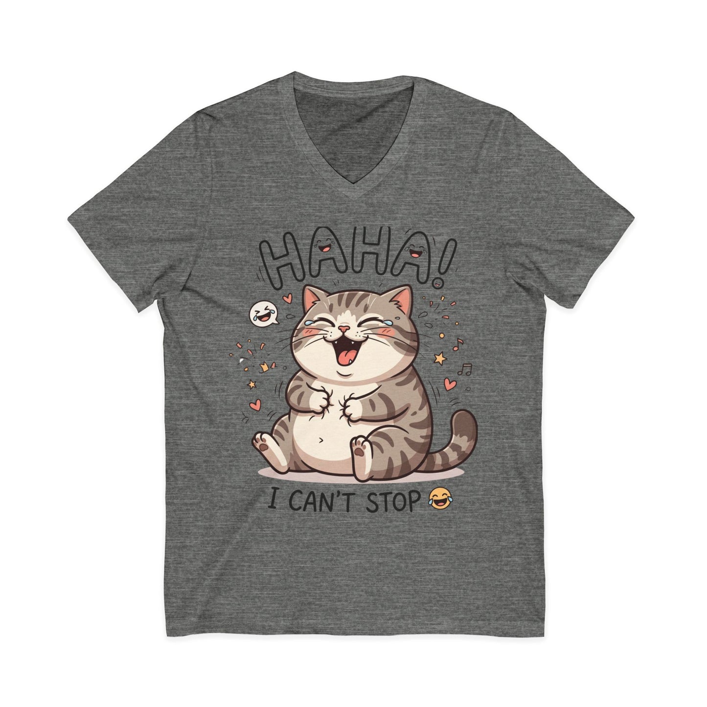 Funny Laughing Cat V-Neck Tee — "HAHA! I Can't Stop" Cute Graphic Shirt