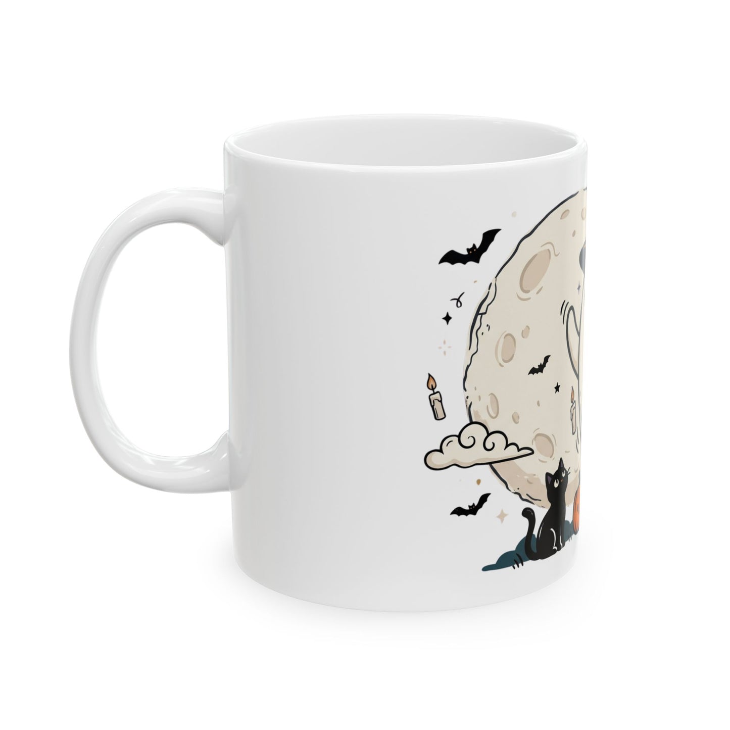 Halloween Ghost Ceramic Mug — Cute Ghost with Witch Hat, Pumpkins & Cats (11oz/15oz)