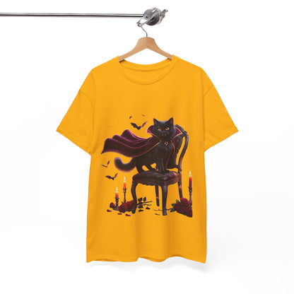 Vampire Cat Tee — Gothic Black Cat with Cape & Candles T-Shirt