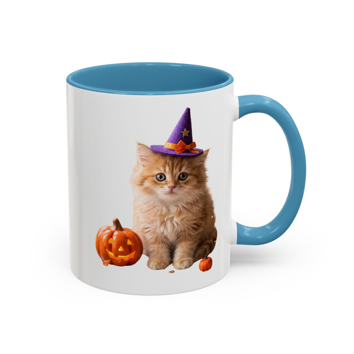 Halloween Cat Coffee Mug with Witch Hat and Pumpkin