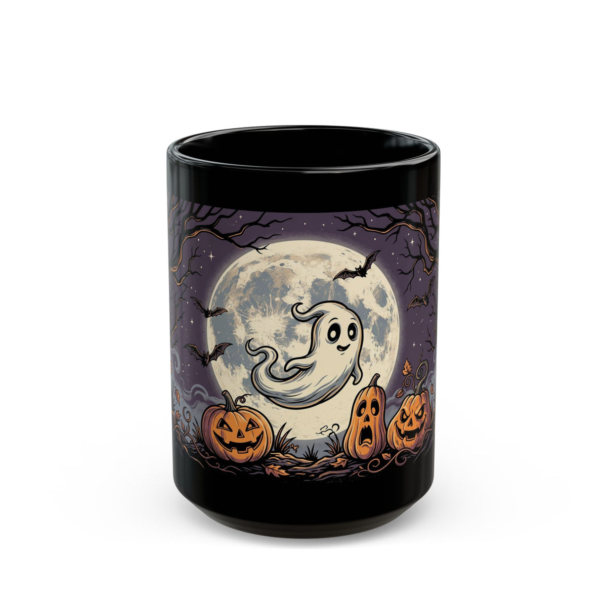 Halloween Ghost & Jack-o'-Lantern Black Mug (11oz, 15oz)