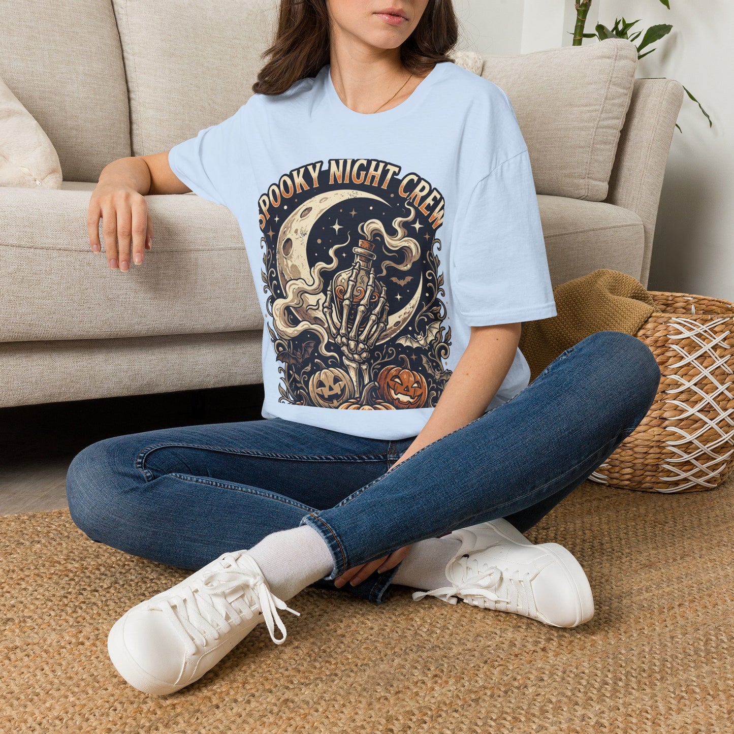 Spooky Night Crew T-Shirt — Vintage Halloween Moon & Skeleton Graphic