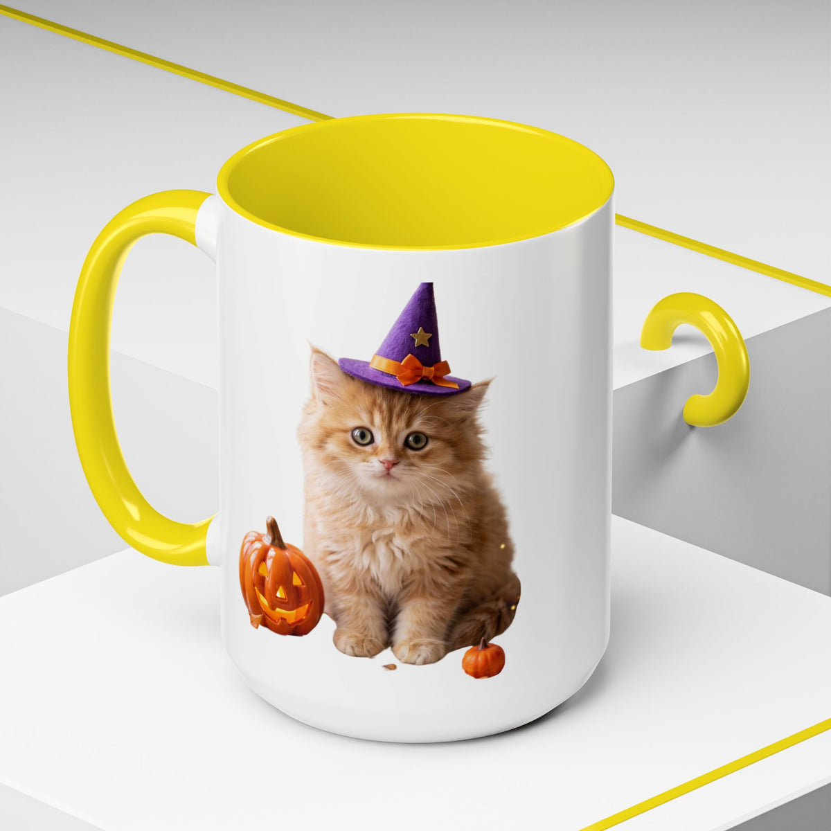 Halloween Cat Coffee Mug with Witch Hat and Pumpkin