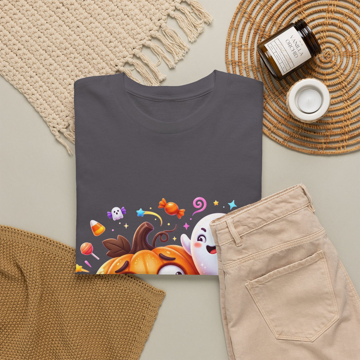 Cute Halloween Pumpkin & Ghost Tee — Scared Pumpkin Candy Graphic T-Shirt