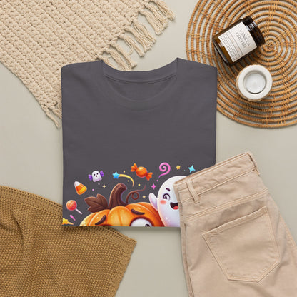 Cute Halloween Pumpkin & Ghost Tee — Scared Pumpkin Candy Graphic T-Shirt