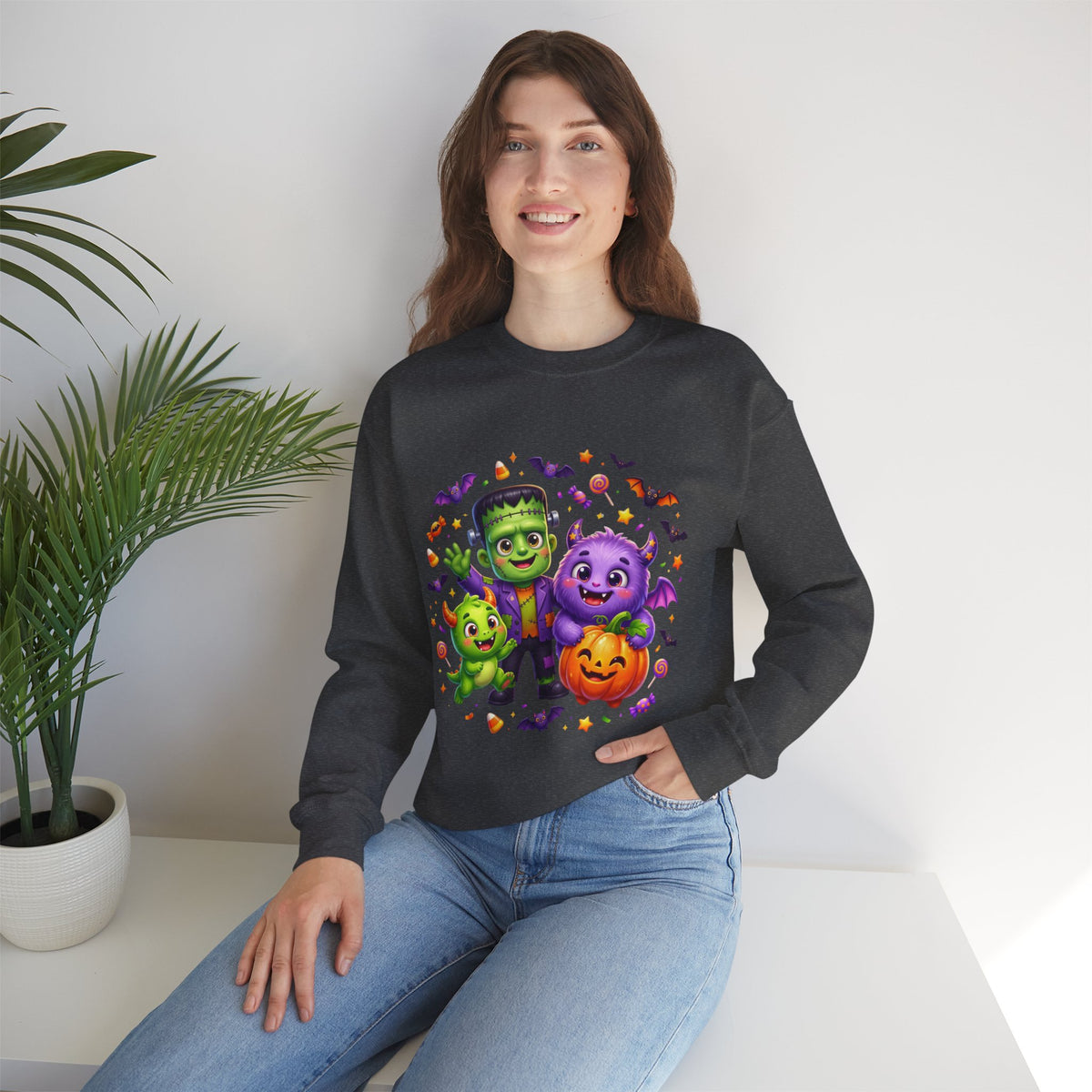 Halloween Monster Crewneck Sweatshirt — Cute Frankenstein, Vampire & Pumpkin Design