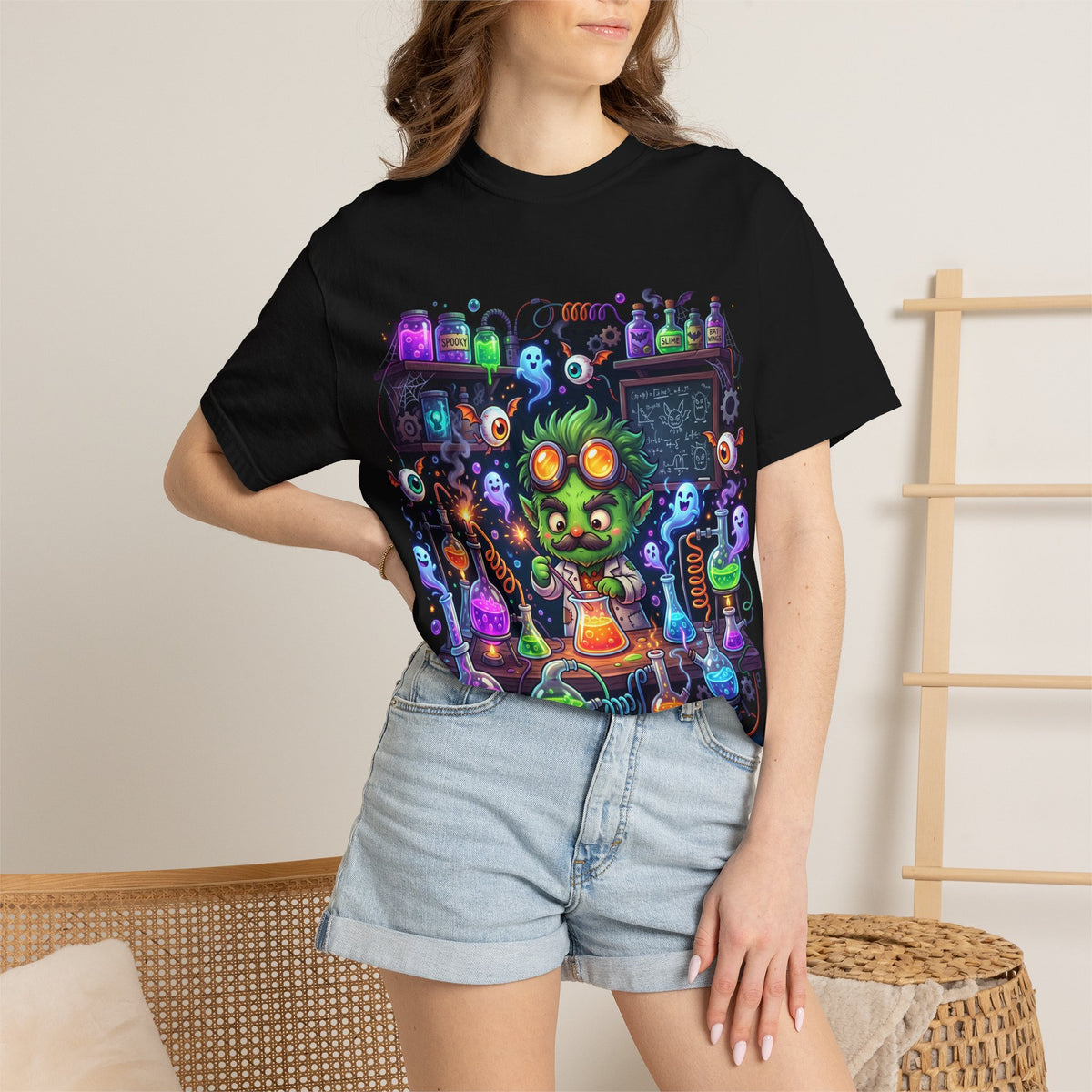 Mad Scientist Cat Lab T-Shirt — Neon Potion Halloween Tee