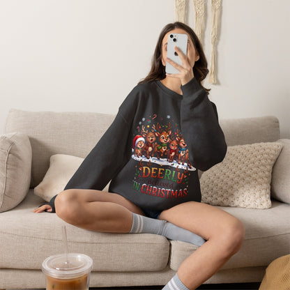 Christmas Reindeer Crewneck Sweatshirt — "Deerly Believed in Christmas" Holiday Pullover
