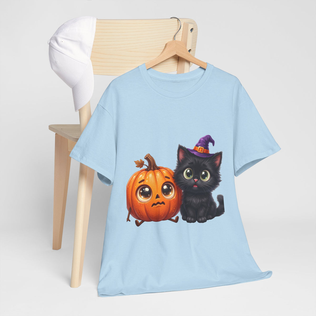 Halloween Black Cat & Pumpkin T‑Shirt — Cute Witch Hat Kitty Fall Tee