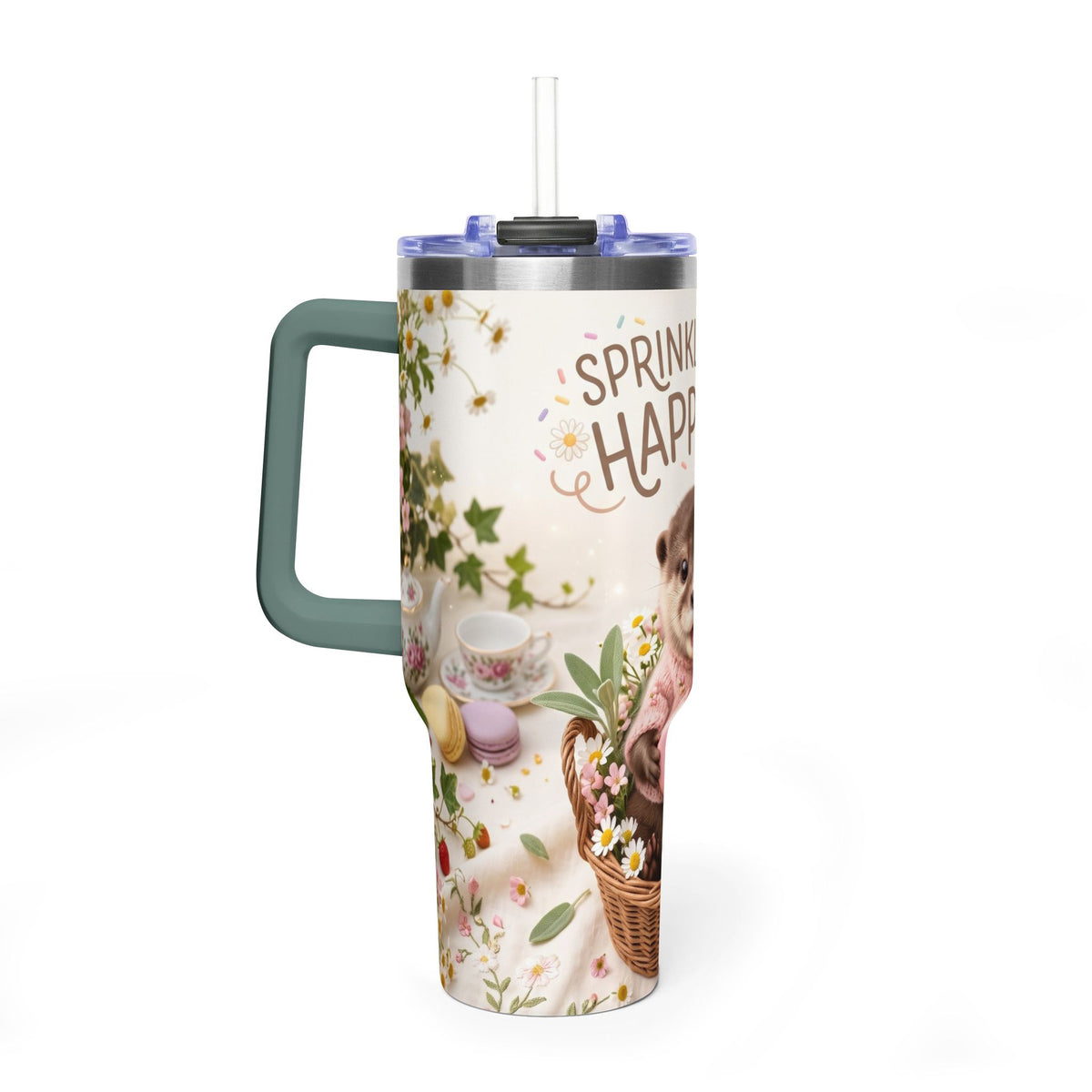 40oz Tumbler – “Sprinkled with Happiness” Puppy Floral Drink Cup