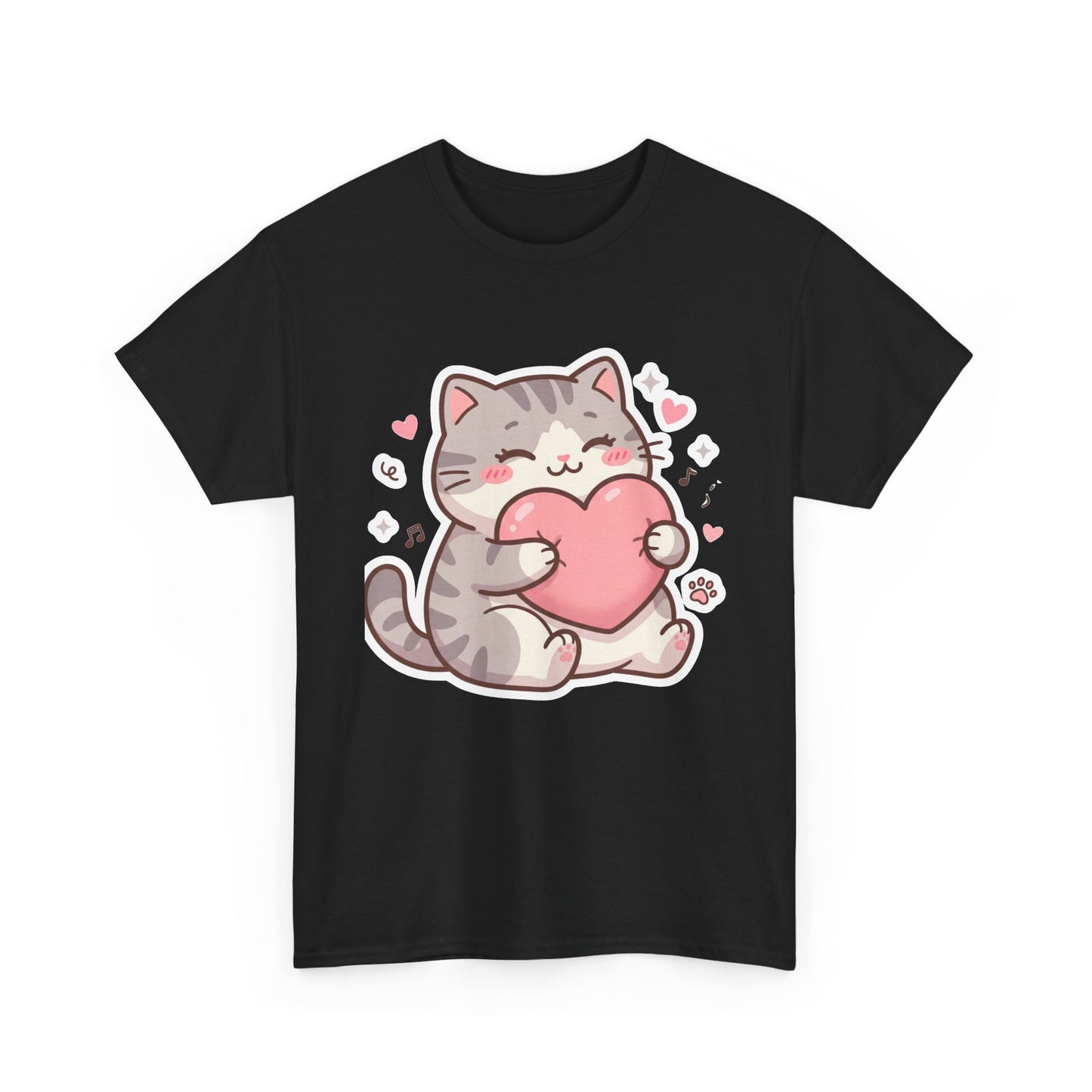 Cute Cat Hugging Heart T-Shirt — Kawaii Valentine Kitty Tee